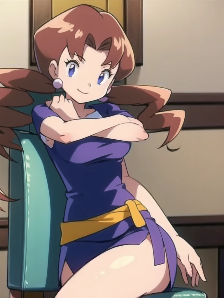 1girl, solo, sitting, looking_down, smile,crossed_legs, crossed_arms, masterpiece, high quality, best quality, Caroline_(pokemon)