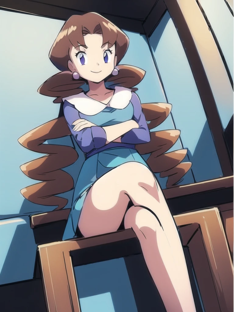 1girl, solo, sitting, looking_down, smile,crossed_legs, crossed_arms, masterpiece, high quality, best quality, Caroline_(pokemon)