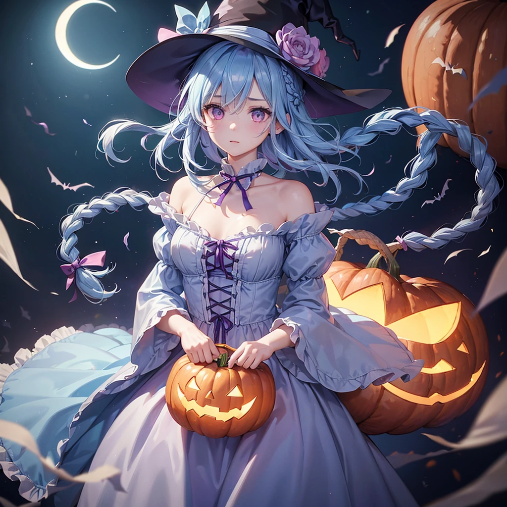 (Light blue medium hair:1.2),(Braided hair:1.2)、Pink eyes、Fair skin、cowboy shot、Halloween、The background is a pumpkin ghost、Crescent Moon、Trick or Treat、A lot of sweets、witch、Halloween night、Candy、many bat、Condescending expression、solo、(masterpiece、Highest quality、Very detailed、Best Shadow)、(Detailed Background)、(Beautifully detailed face)、High contrast、(Best lighting、Very delicate and beautiful)、(Cinematic Light)、colorful、Hyper Detail、Dramatic Light、Exquisite detail、