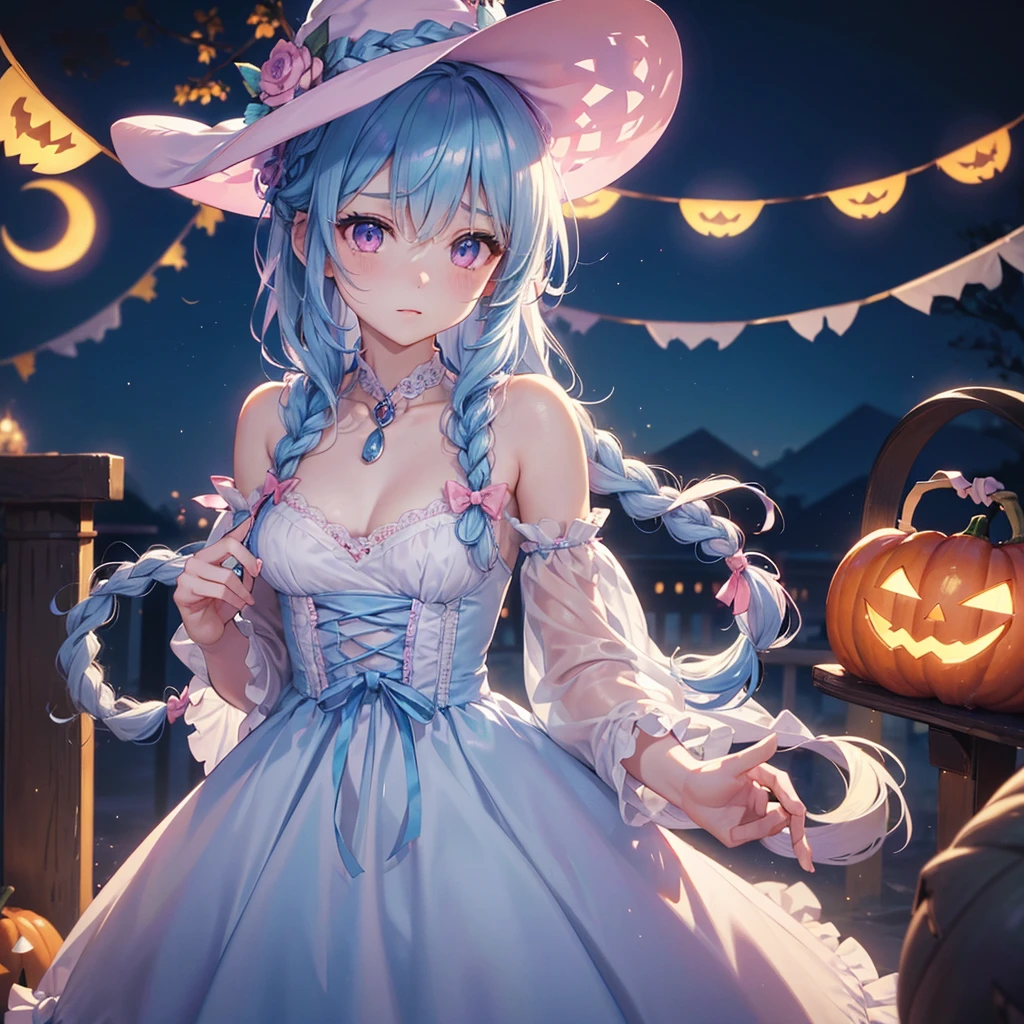 (Light blue medium hair:1.2),(Braided hair:1.2)、Pink eyes、Fair skin、cowboy shot、Halloween、The background is a pumpkin ghost、Crescent Moon、Trick or Treat、A lot of sweets、witch、Halloween night、Candy、many bat、Condescending expression、solo、(masterpiece、Highest quality、Very detailed、Best Shadow)、(Detailed Background)、(Beautifully detailed face)、High contrast、(Best lighting、Very delicate and beautiful)、(Cinematic Light)、colorful、Hyper Detail、Dramatic Light、Exquisite detail、