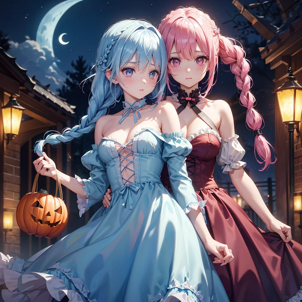 (Light blue medium hair:1.2),(Braided hair:1.2)、Pink eyes、Fair skin、cowboy shot、Halloween、The background is a pumpkin ghost、Crescent Moon、Trick or Treat、A lot of sweets、witch、Halloween night、Candy、many bat、Condescending expression、solo、(masterpiece、Highest quality、Very detailed、Best Shadow)、(Detailed Background)、(Beautifully detailed face)、High contrast、(Best lighting、Very delicate and beautiful)、(Cinematic Light)、colorful、Hyper Detail、Dramatic Light、Exquisite detail、