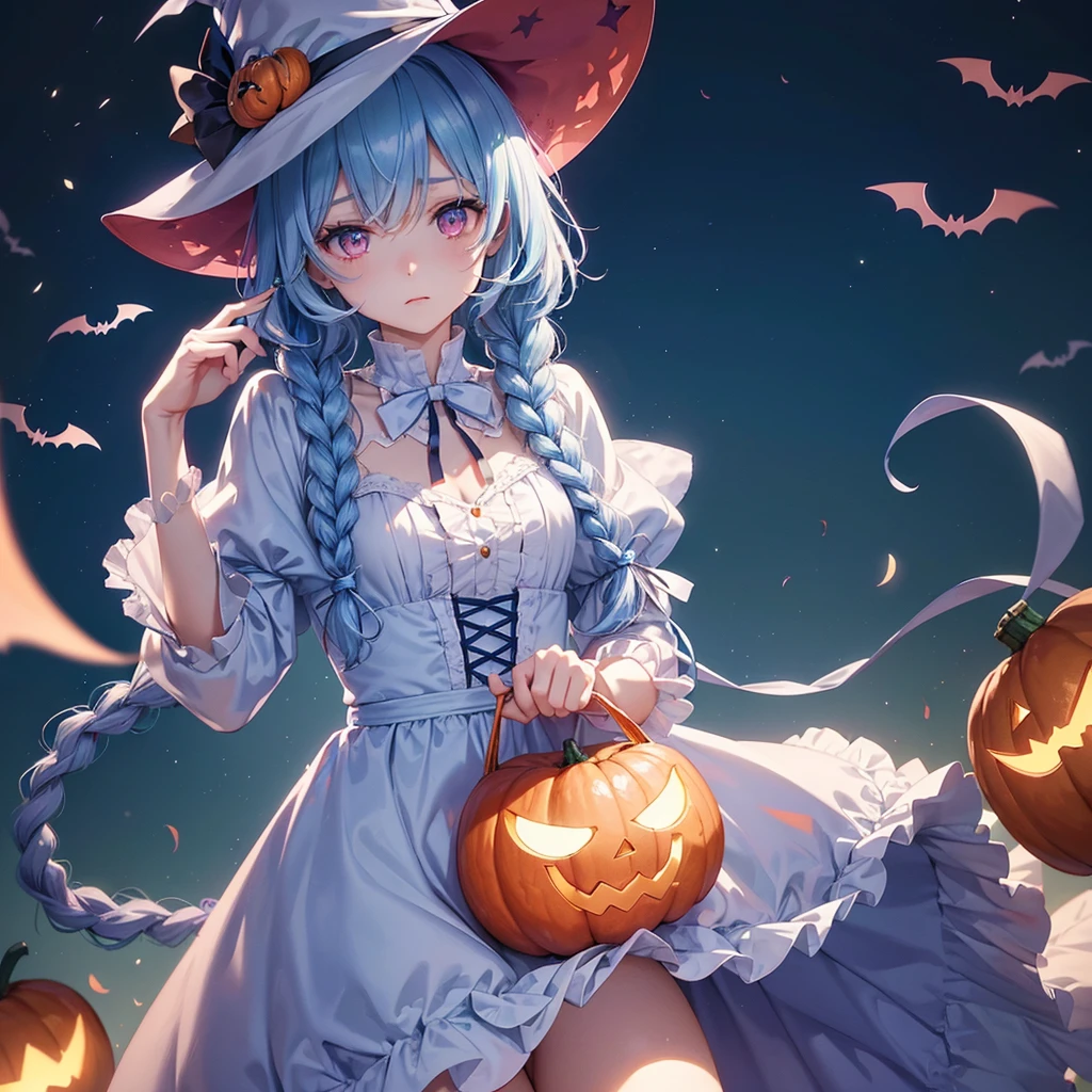 (Light blue medium hair:1.2),(Braided hair:1.2)、Pink eyes、Fair skin、cowboy shot、Halloween、The background is a pumpkin ghost、Crescent Moon、Trick or Treat、A lot of sweets、witch、Halloween night、Candy、many bat、Condescending expression、solo、(masterpiece、Highest quality、Very detailed、Best Shadow)、(Detailed Background)、(Beautifully detailed face)、High contrast、(Best lighting、Very delicate and beautiful)、(Cinematic Light)、colorful、Hyper Detail、Dramatic Light、Exquisite detail、