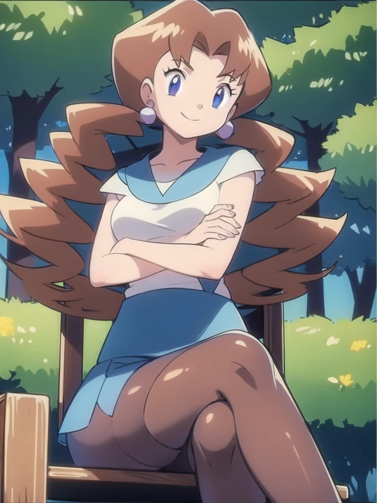 1girl, solo, sitting, looking_down, smile,crossed_legs, crossed_arms, masterpiece, high quality, best quality, Caroline_(pokemon)