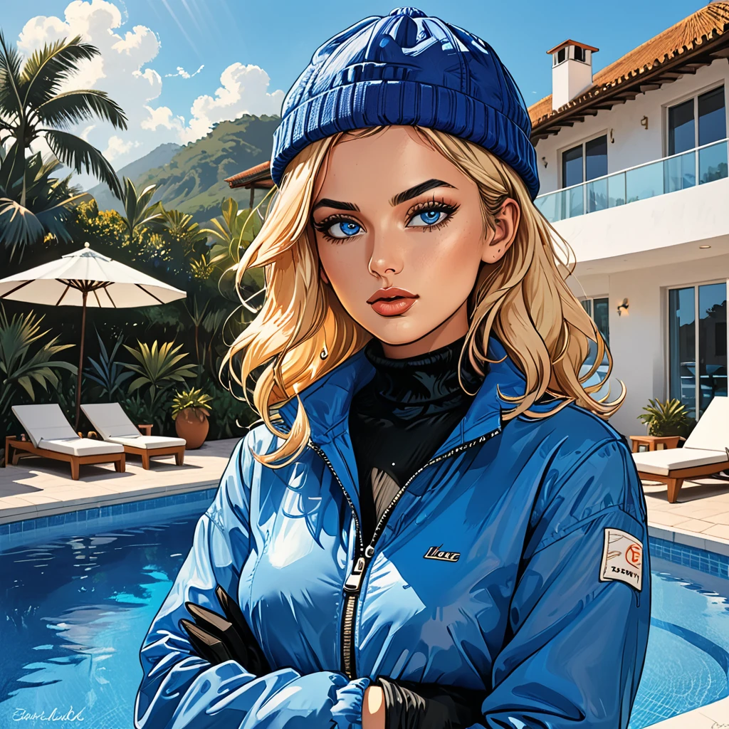 ((hand on own arm):1.5), sad, open mouth, pompom on a hat,
(((girl in Blue zipped up down winter jacket and black turtleneck )) and levis (jeans) and blue gloves and (((blue winter hat)))) holding hand on own arm against the backdrop of a white hotel in the tropics,outside, sun lounger, white hotel, swimming pool,adult, [Nordic], perfect Olive skin, Oval Face, Rounded shoulders, (Short blonde Waves hair), snub nose, Arched eyebrows, ((Monolid blue Eyes)), High Round Narrow cheekbones, Dimpled Cheeks, Rounded Chin, Rounded Jawline, Full nude Lips, (blue eyes), Nude Makeup Look, long eyelashes, graphic style of novel comics, perfect hands, 2d, 8k, hyperrealism, masterpiece, high resolution, best quality, ultra-detailed, super realistic, Hyperrealistic art, high-quality, ultra high res, highest detailed, lot of details, Extremely high-resolution details, incredibly lifelike, soft cinematic light,