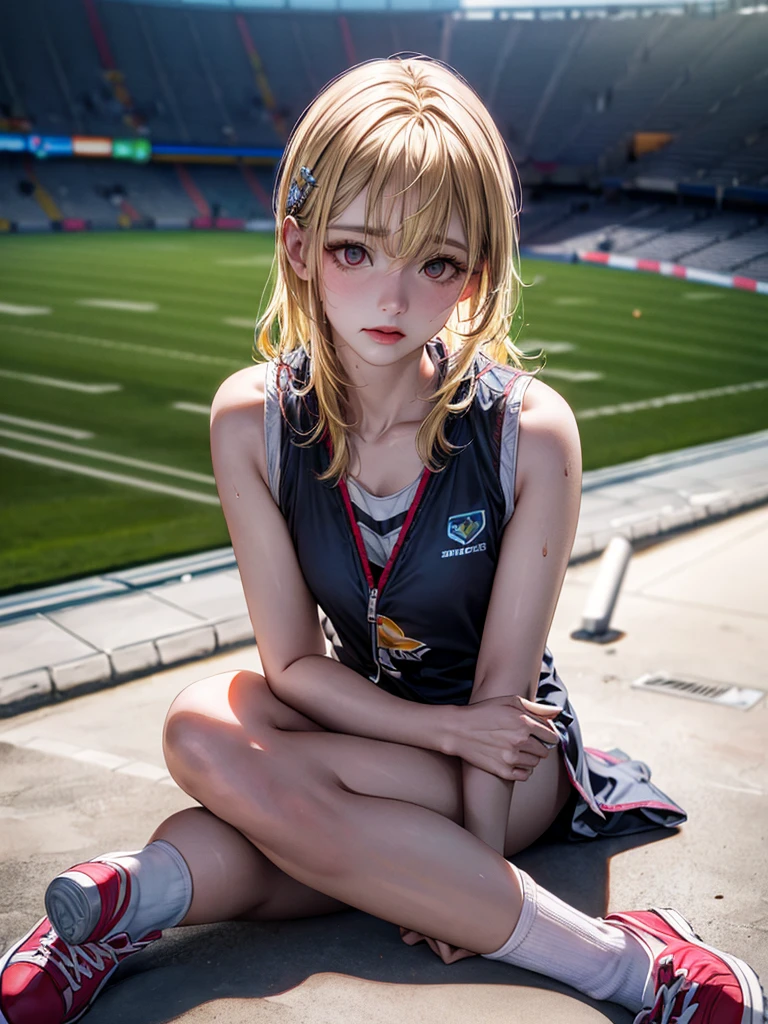 unparalleled masterpiece, ultra realistic 8k CG,masterpiece,pov,(delicate photograph,ultra_detailed,16k,raw photo:1.3),(realistic:1.9,photorealistic:1.9), beautiful detailed eyes,1 sweaty girl sits down to rest,solo,(full body:1.3), detailed stadium scenery,blonde wavy hair, slender body, precious hair ornament, e-cup chests,Sports vest,mini dress,White socks