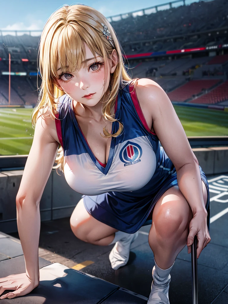unparalleled masterpiece, ultra realistic 8k CG,masterpiece,pov,(delicate photograph,ultra_detailed,16k,raw photo:1.3),(realistic:1.9,photorealistic:1.9), beautiful detailed eyes,1 sweaty girl sits down to rest,solo,(full body:1.3), detailed stadium scenery,blonde wavy hair, slender body, precious hair ornament, e-cup chests,Sports vest,mini dress,White socks