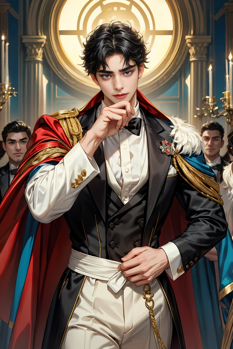 
masterpiece, 最high quality, high quality, 1 boy, alone, Male focus, Watching the audience,  Messy black hair, Adorable big blue eyes, White, Noble, Noble,Sexy voluminous cape、Tuxedo、A very voluminous, large, very large, very large, long, long red and black cape with a high stand-up collar, reaching down to the floor, made of a lot of fabric., 17 years old,Cute beautiful boys,Cute, cute, kind, handsome guy