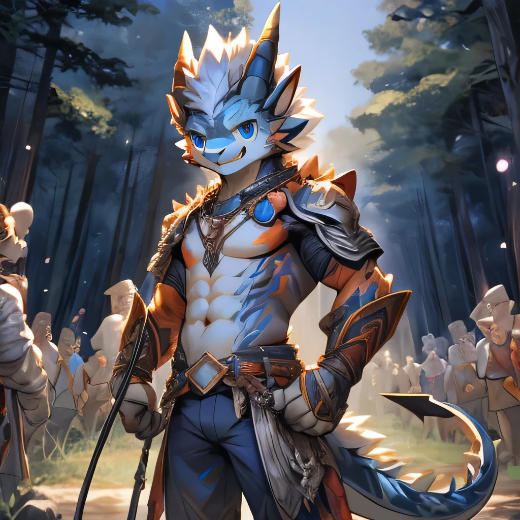 Smooth,Beast field,anthropology, Ten years old，Beast，little boy，bust,male,Solitary, dragon,dragon角,dragon尾, White fur,blue eyes， Looking at the audience, Happy smile, Open mouth slightly，Standing，Show your upper body，Abdominal muscles，Complex background，forest，Home，