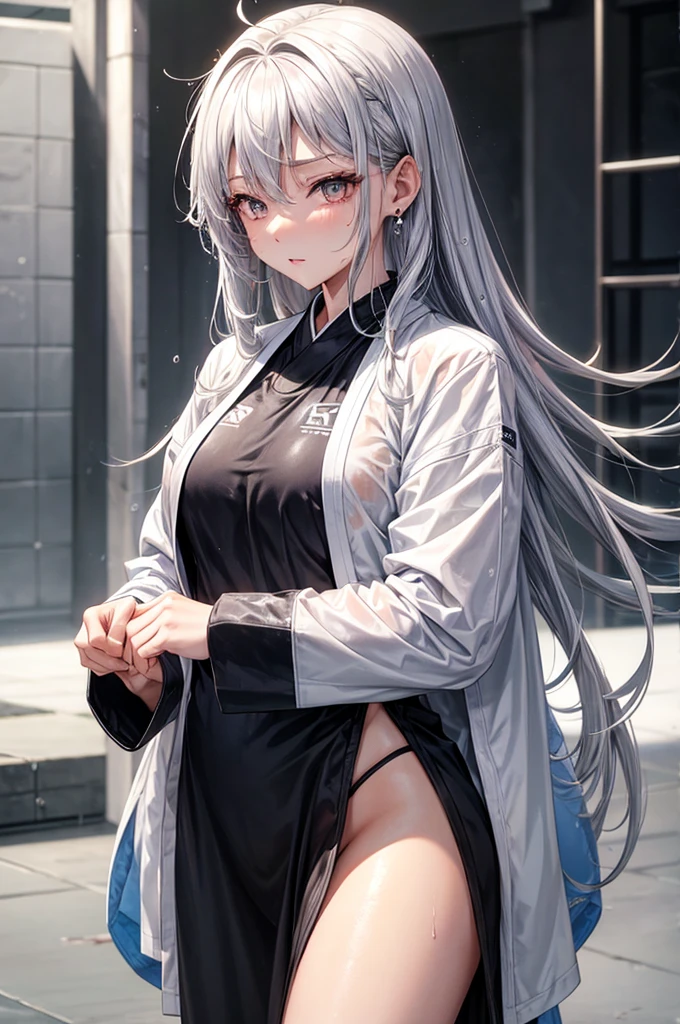 female,Korean woman, silver hair, long hair, earring,wet clothes,gi, judo,martial artist, White ,wet,sexy body, Well-groomed eyes,kick