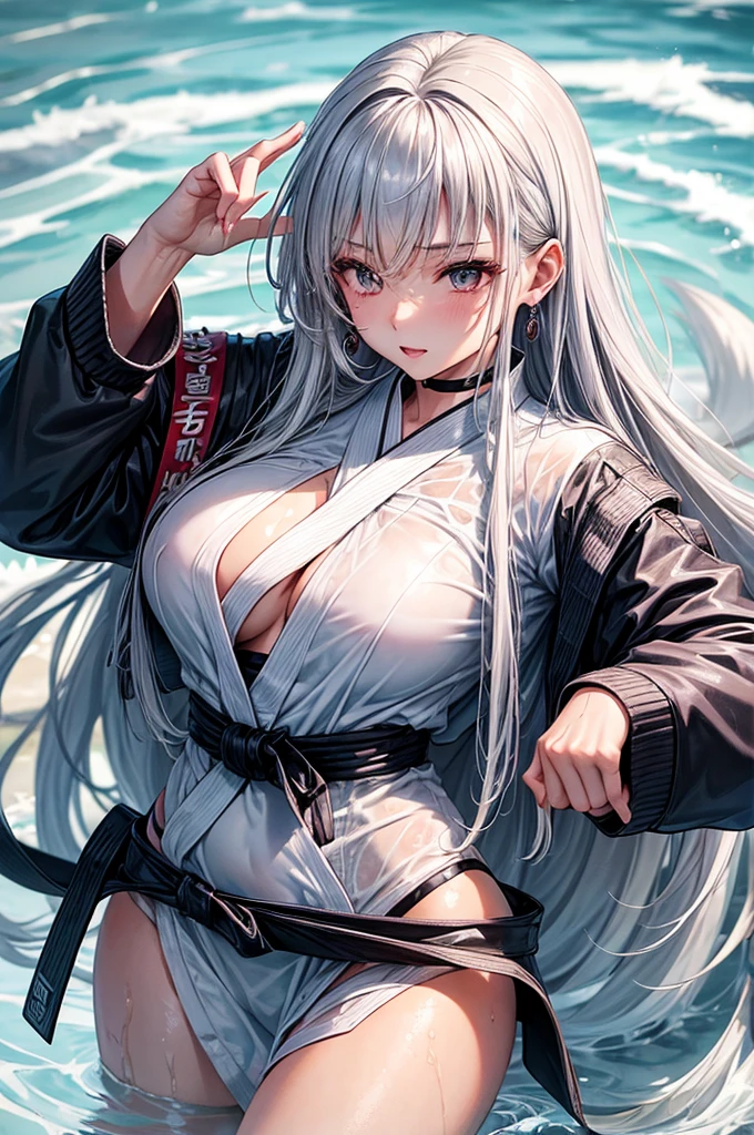 female,Korean woman, silver hair, long hair, earring,wet clothes,gi, judo,martial artist, White ,wet,y body, Well-groomed eyes,kick