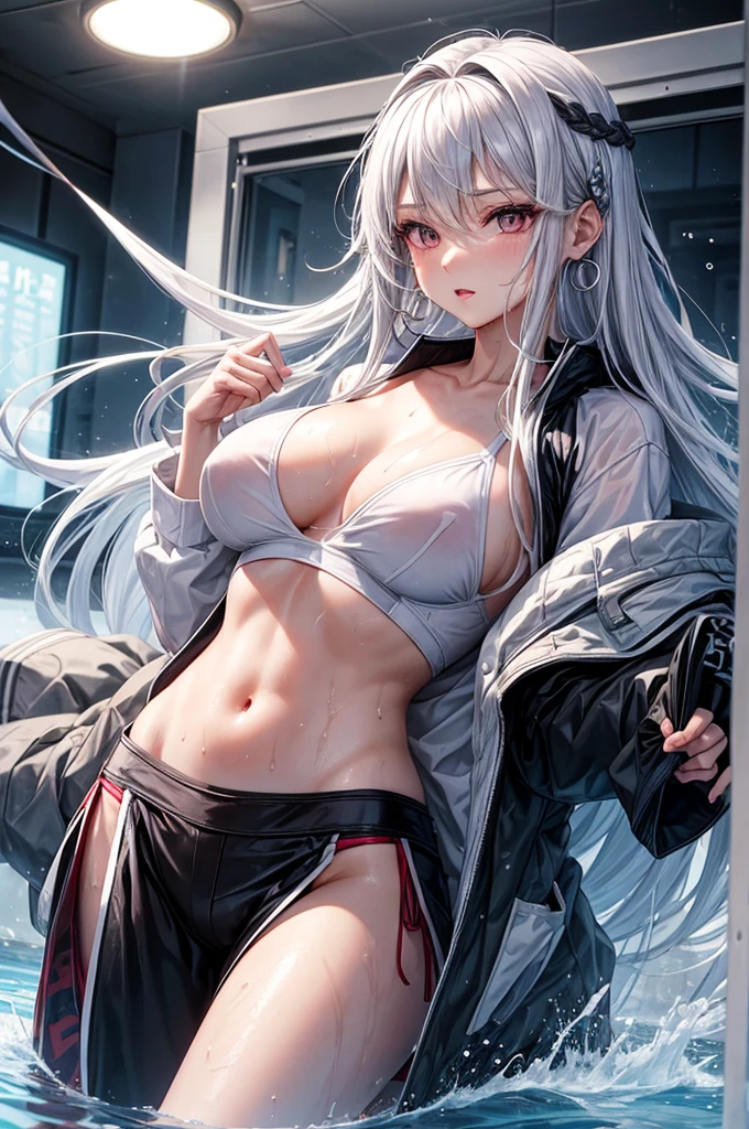 female,Korean woman, silver hair, long hair, earring,wet clothes,gi, judo,martial artist, White ,wet,sexy body, Well-groomed eyes,kick