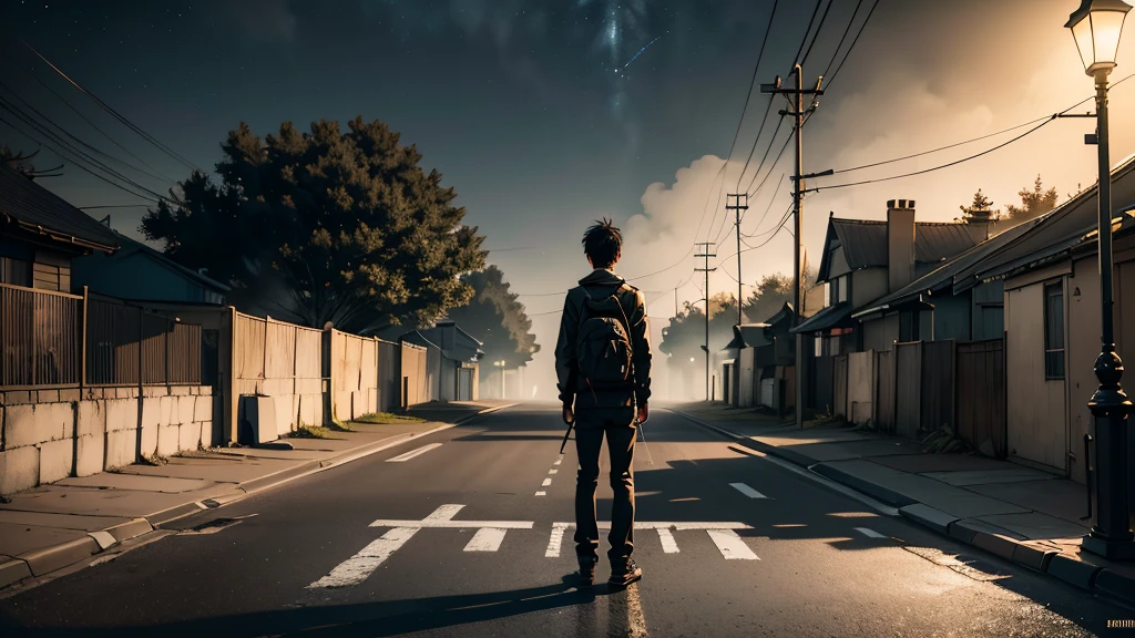 (best quality,4K,8ก,height,Masterpiece:1.2),Very detailed,(realistic,photorealistic,photo-realistic:1.37),long and winding road, pitch black darkness, remote country road, lonely,young boy standing in the middle of the road,starry night sky,moonlight landscape,Mood swings,ominous,narrow sidewalk,cracked asphalt,Overgrown trees sticking out,creepy shadow,Desolate,Street lights twinkle in the distance.,overwhelming silence,Loneliness,hopelessness,Fascinating aura,The sound of distant footsteps,bright colors,high contrast,Add shadows and highlights,Thick fog,Mysterious person far away,slowly disappearing into the dark,Streaks of light from passing cars,cold breeze,Abandoned car on the roadside,Unlit lampposts cast eerie shadows.,A reminder of past tragedies,Sad mood,ความรู้สึกlonelyอย่างลึกซึ้ง,A strange feeling of foreboding.