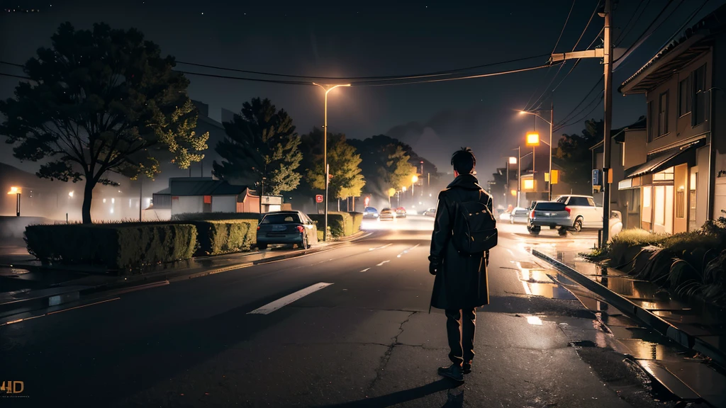 (best quality,4K,8ก,height,Masterpiece:1.2),Very detailed,(realistic,photorealistic,photo-realistic:1.37),long and winding road, pitch black darkness, remote country road, lonely,young boy standing in the middle of the road,starry night sky,moonlight landscape,Mood swings,ominous,narrow sidewalk,cracked asphalt,Overgrown trees sticking out,creepy shadow,Desolate,Street lights twinkle in the distance.,overwhelming silence,Loneliness,hopelessness,Fascinating aura,The sound of distant footsteps,bright colors,high contrast,Add shadows and highlights,Thick fog,Mysterious person far away,slowly disappearing into the dark,Streaks of light from passing cars,cold breeze,Abandoned car on the roadside,Unlit lampposts cast eerie shadows.,A reminder of past tragedies,Sad mood,ความรู้สึกlonelyอย่างลึกซึ้ง,A strange feeling of foreboding.