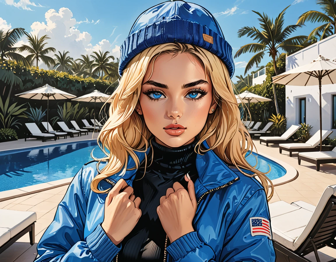 ((hand on own arm):1.5), sad, open mouth, pompom on a hat, (((girl in Blue zipped up down winter jacket and black turtleneck )) and levis (jeans) and blue gloves and (((blue winter hat)))) holding hand on own arm against the backdrop of a white hotel in the tropics,outside, sun lounger, white hotel, swimming pool,adult, [Nordic], perfect Olive skin, Oval Face, Rounded shoulders, (Short blonde Waves hair), snub nose, Arched eyebrows, ((Monolid blue Eyes)), High Round Narrow cheekbones, Dimpled Cheeks, Rounded Chin, Rounded Jawline, Full nude Lips, (blue eyes), Nude Makeup Look, long eyelashes, graphic style of novel comics, perfect hands, 2d, 8k, hyperrealism, masterpiece, high resolution, best quality, ultra-detailed, super realistic, Hyperrealistic art, high-quality, ultra high res, highest detailed, lot of details, Extremely high-resolution details, incredibly lifelike, soft cinematic light,