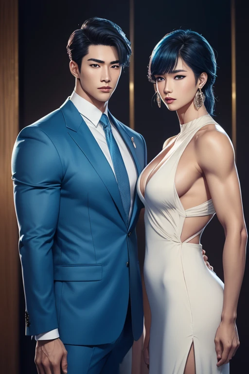 (masterpiece, best quality,girl, intricate details, chromatic aberration), (realistic),(skin), ((breath)),(,blunt bangs),detailed hair,blue highlights, ambere eyes, earrings, sharp eyes,((symmetry eyes)),((perfect symmetrical body))handsome males,muscle,((absurdres, highres, ultra detailed)handsome, tall quite muscular Anime young man Korean man full body figure A 80s Korean power business couple male and female almost 80s korean modellike for both males females cute attractive good looking handsome