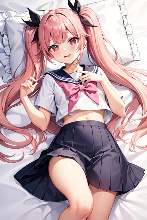 Twin tails、Pink Hair、Wavy Hair、Slanted Eyes、pretty girl、Spoiled brat、Little devil、Sailor suit、Thin chest、tongueを出している、ribbon、Looking down、tongue、I can see your underwear、Leg spread