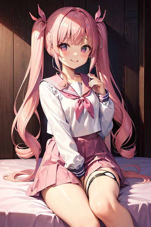 Twin tails、Pink Hair、Wavy Hair、Slanted Eyes、pretty girl、Spoiled brat、Little devil、Sailor suit、Thin chest、tongueを出している、ribbon、Looking down、tongue、I can see your underwear、Leg spread