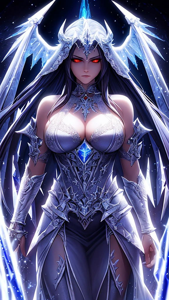 a beautiful angel of fire, an icy demon, best quality, extremely detailed, masterpiece, fantasy, dramatic lighting, cinematic, digital art, intricate details, intense colors, chiaroscuro, dramatic atmosphere, striking contrast, ethereal, mystical, otherworldly, gothic, dramatic expression, powerful, awe-inspiring