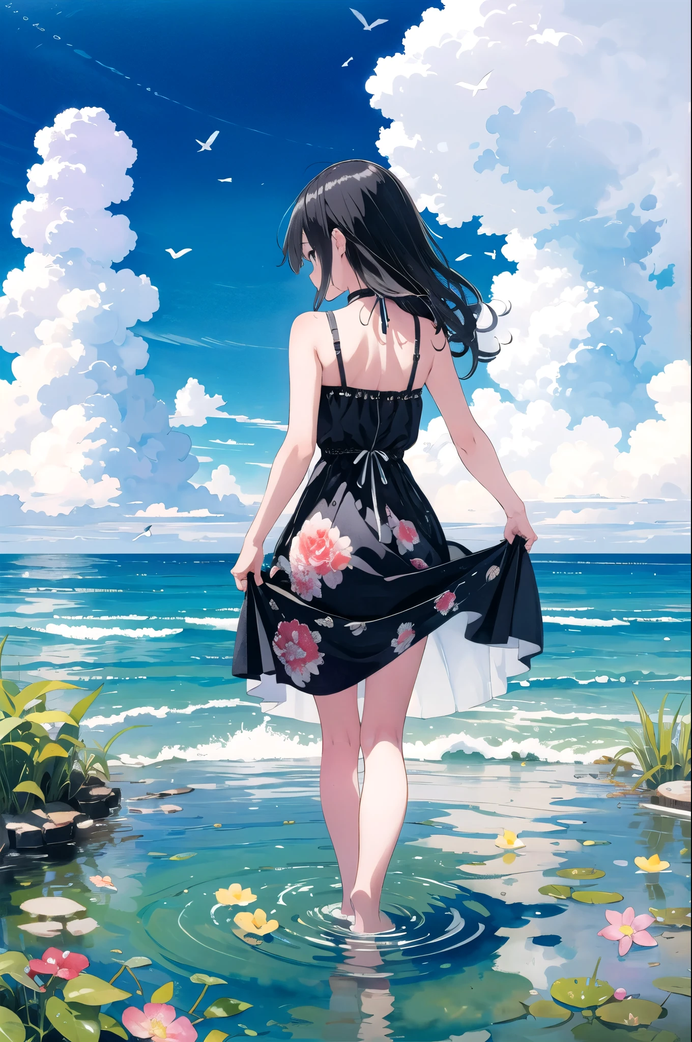 masterpiece, best quality, absurdres, illustration, watercolor, 1girl, solo, long hair, black hair, dress, skirt hold, wading, sleeveless, barefoot, bare shoulders, standing, from behind, outdoors, cloud, sky, bird, water, rainbow,