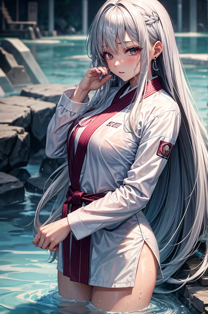 female,Korean woman, silver hair, long hair, earring,wet clothes,gi, judo,martial artist, White ,wet,sexy body, Well-groomed eyes,kick
