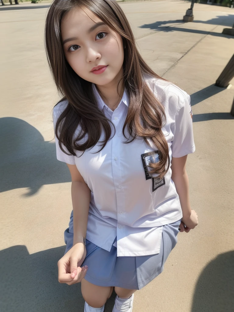 1girl, solo, (uniform), ((overhead shot: 1.4)), standing, outdoors, detailed face, detailed eyes, thick breasts, shiny skin, tight white shirt, grey blue short skirt, looking at the audience, low angle shot,(8k, RAW photo, best quality, masterpiece: 1.2), (realistic, realistic: 1.37), ultra-high resolution