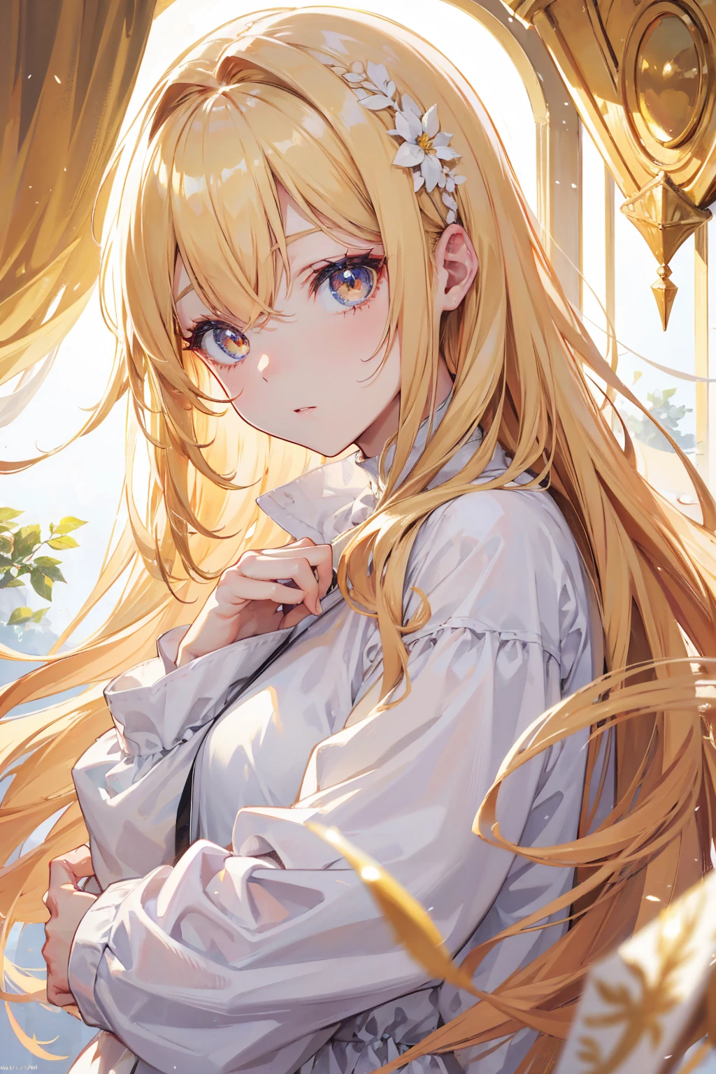 best quality, masterpiece,colorful hair, golden eyes,white clothes, search, blond hair,White skin,