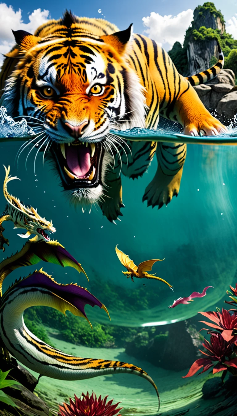 Panorama,There is a creature in the water,Tiger's head,Dragon's Body(best quality,4K,8k,High level,masterpiece:1.2),Ultra Detailed,(lifelike,Photo real,Photo real:1.37),Highly detailed animals,Complex patterns,Realistic lighting,Fantasy Creatures