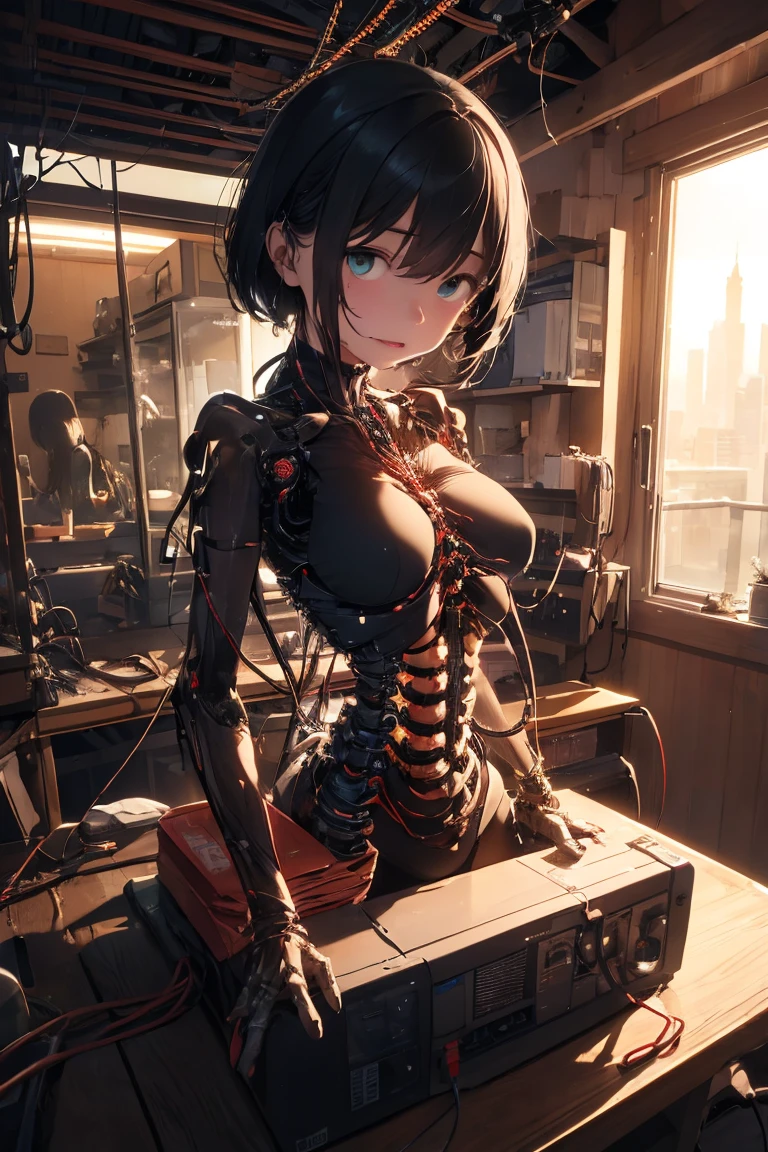 Cinematic Light,((1. Machine Girl)),alone,whole body,(Machine made joints:1.4),((Mechanical limbs)),(Explosive Muscles),(Blood vessels connected to tubes),(Brain in a container:1.3),((Mechanical vertebrae attached to the back)),((Cervical vertebrae mechanically attached to the neck)),((Sitting)),Expressionless,(Wires and cables connecting the head and body:1.5),Small breasts,short hair,(Character Focus),sf,The machine&#39;s giant mechanical arm、,wide bob cut, Cinematic composition、Unexpected angles、born々New skin texture、Arm hair、Realistic skin texture (1.8), Pore details (1.7), Fine vellus hair (1.7), Micro skin relief (1.6), Natural skin moisture (1.5), Skin translucency (1.6), Soft skin highlights (1.7), Subtle goosebumps (2.5), Subsurface scattering (1.7), Macro skin detail (1.8)Black sleeveless、pores、 Dark Room,Always Details,finely,High resolution, HDR,Deep Shadows,High Contrast,(8k、born写真、Highest quality、masterpiece:1.2)、(Realistic,Photorealistic:1.8) ,whole body,Amazing beautiful eyes,Natural Lip,(Saggy breasts:1.1)（ Squint eyes :1.5）1 girl、Seeing the viewer、Beautifully detailed face,,Half-open mouth,、narrow,Floating Hair,Monochrome Tiffany Blue, Highest quality, Super Fine, 16K, Unbelievably absurd, 非Always Details, delicate and dynamic, pretty girl, Three-dimensional effect expressed through light and shadow, Eye-catching effect, modern art, Monochrome Tiffany Blue, Highest quality, Super Fine, 16K, Unbelievably absurd, 非Always Details, delicate and dynamic, pretty girl, Three-dimensional effect expressed through light and shadow,Low - Angle、 Emerald green eyes、Part of the clothing is see-through、Cinematic angles、optical fiber、Connected Cord、Illuminated parts See-through parts、Cyberpunk cityscape, young woman with long black hair wearing an emerald green powered exosuit, standing in a contemplative pose amidst the neon-lit ruins, textured digital art with muted tones and subtle ambient noise, detailed and intricate illustration, dystopian and gritty yet beautiful, a glimmer of hope in the decay,Fish Girl in Sci-fi translucent mechanical bikini ++,The bikini is see-through and sparkly