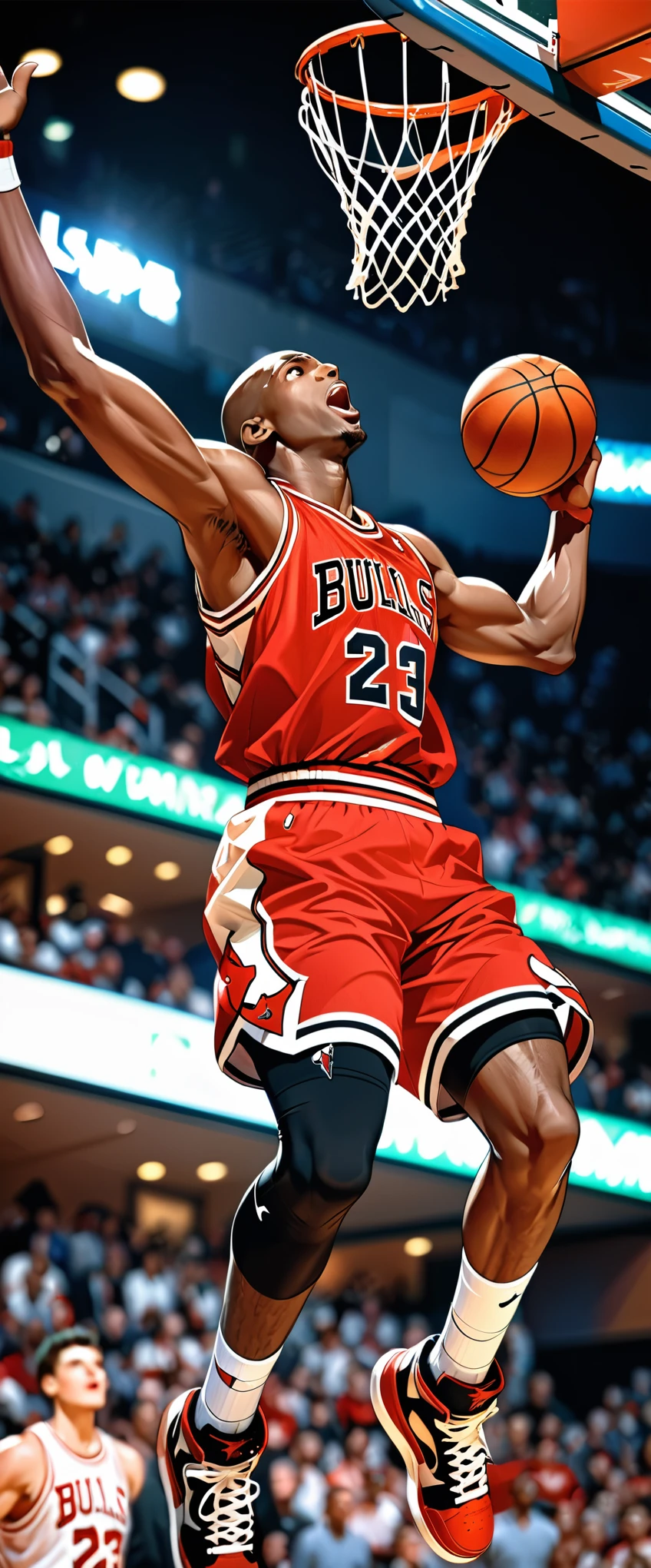 (masterpiece:1.2,Highest quality,Highest quality,High resolution),(Super detailed),(Anime Style),8k,wallpaper,One Man,Black,Basketball Player,Michael Jordan,Detailed face,Sticking out tongue,Chicago Bulls Uniforms,((front)),((Directly above)),((Lean your body back)),(((Jump very high towards the goal:1.6))),((Look up at the ball)),((Slam Dunk:1.6)),(dynamic:1.5),Basketball Court,(((Background Blur))),(((Cowboy Shot)))
