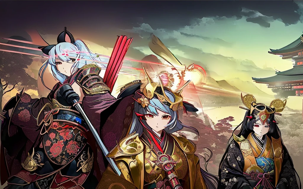 Female, (girls:1.5), (exceptional, best aesthetic, new, newest, best quality, anime, waifu:1.2), best quality, ultra detailed, absurdres, highres, colored, good anatomy, Japanese Samurai armor, swords, Kimono clothes, capes, cavalry, horse, horsemen, horsemen holding spear, red flags Japanese castle, mountain, tree