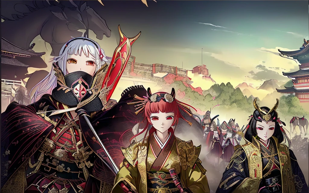 Female, (girls:1.5), (exceptional, best aesthetic, new, newest, best quality, anime, waifu:1.2), best quality, ultra detailed, absurdres, highres, colored, good anatomy, Japanese Samurai armor, swords, Kimono clothes, capes, cavalry, horse, horsemen, horsemen holding spear, red flags Japanese castle, mountain, tree
