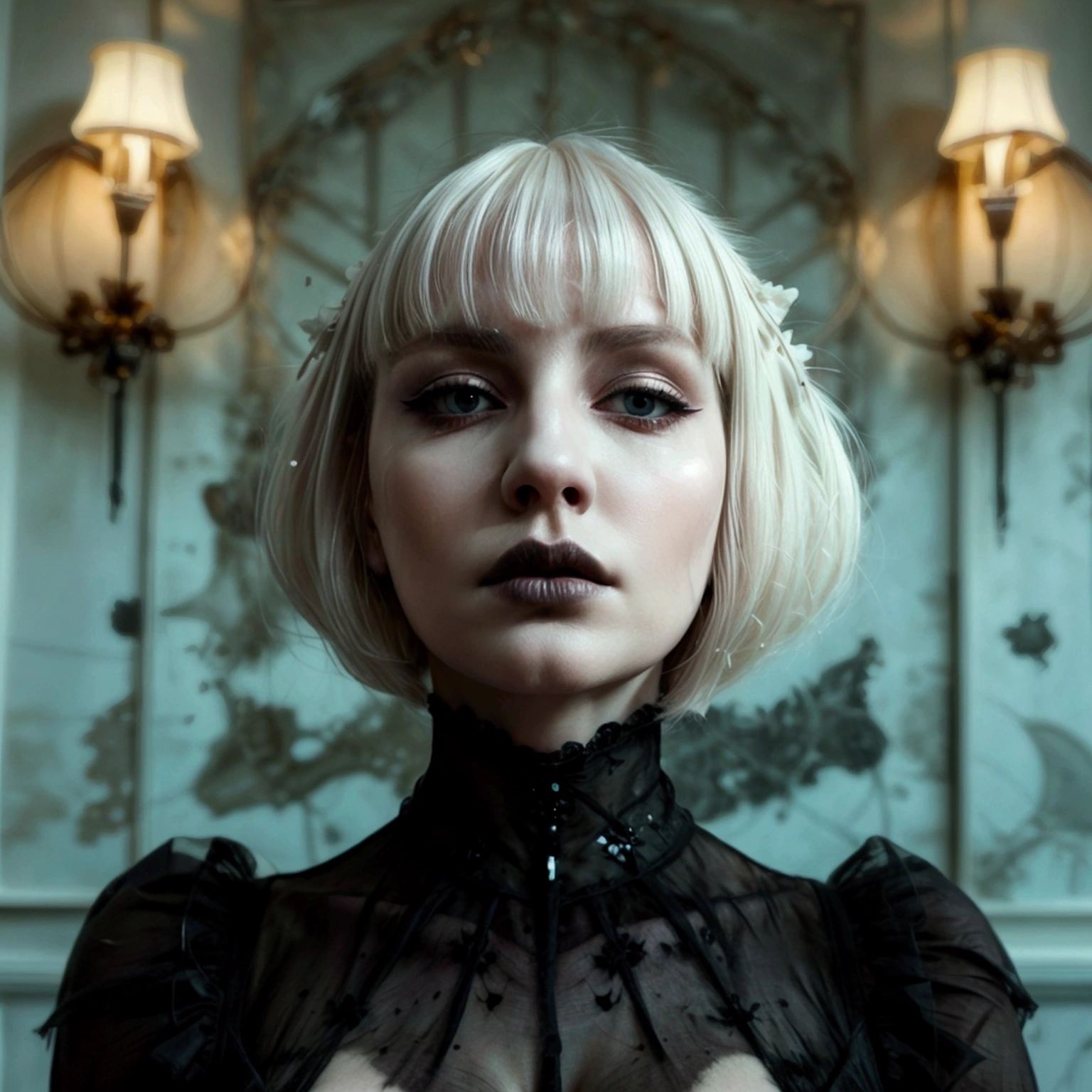 ((Master piece, very realistic, best quality, highly detailed, Frontal view, DELICATE, PORTRAIT, WOMAN 36yo, AESTHETIC)) shallow depth of field, realism, photography, good proportions, narrow depth of field, tilt shift look, bokeh, anamorphic look, cinematic, dark and moody, ((a pale white complexion MODE with short WHITE color hair and bangs and smokey eye makeup, BLACK lips)), wearing black fashion designed by Rick Owens, a dark photograph by Tim Walker and Tom Hoops and Matt Mahurin, a dark liminal space, a desolate seedy hotel room with peeling wallpaper and black painted walls, symbolism, primordial fluids, uneasy feeling, dark occult imagery, melancholic ((very aesthetic)), (her massive breasts:1.4) and )deep cleavage:1.2)