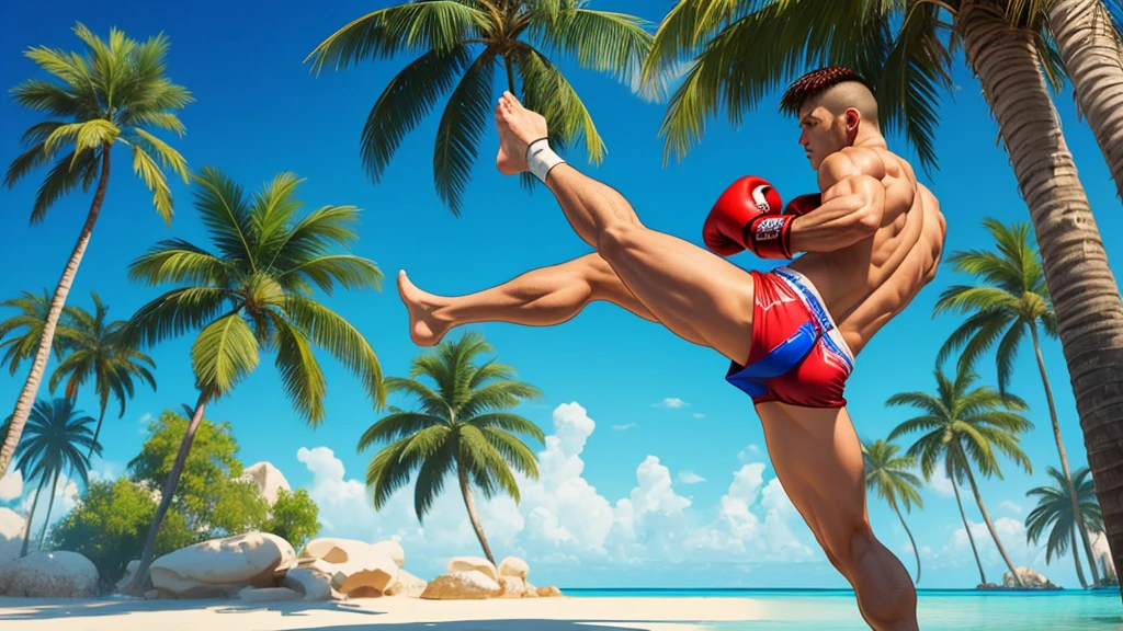 Design A logo of a (Kickboxer) kicking a palm tree perfectly with transparent background, 