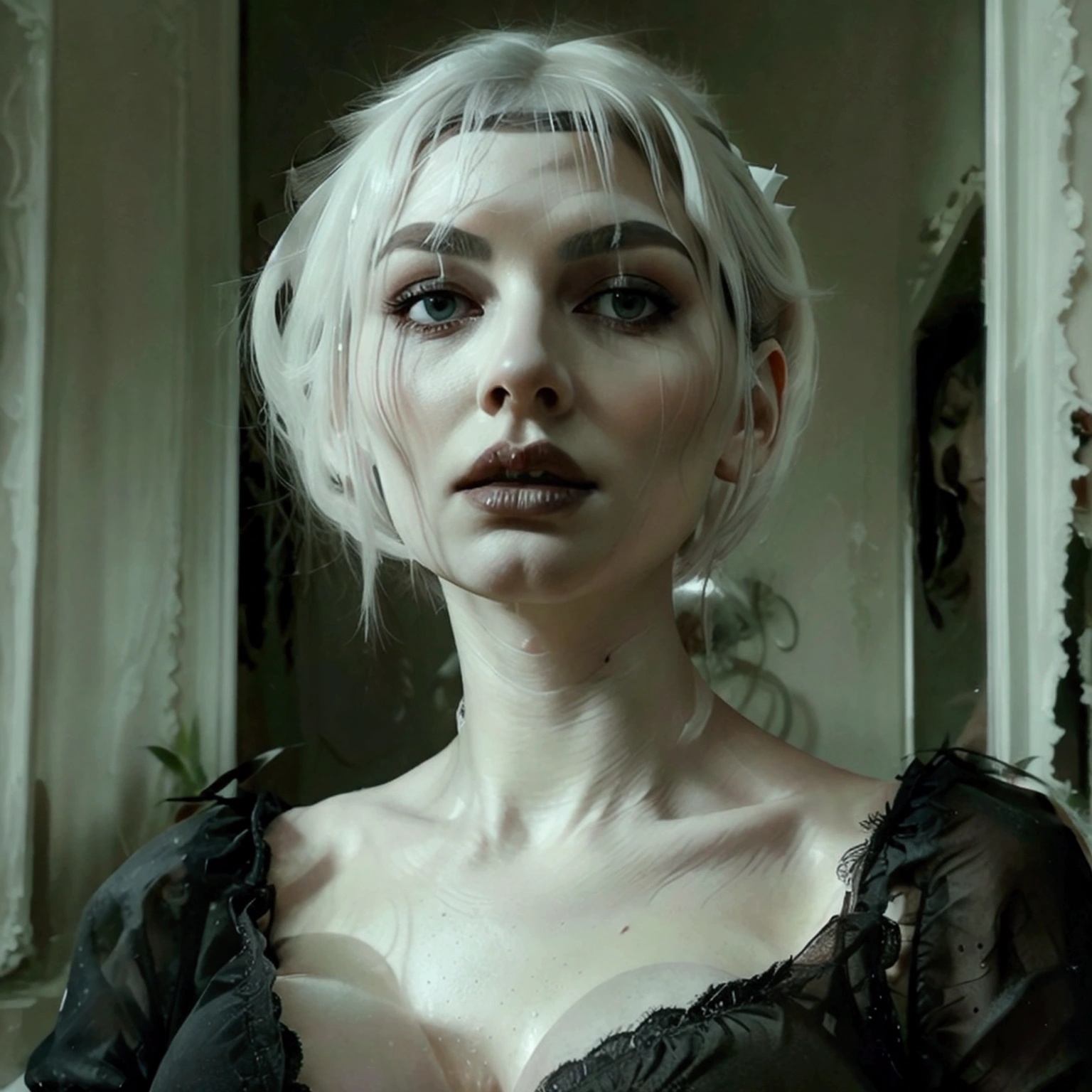 ((Master piece, very realistic, best quality, highly detailed, Frontal view, DELICATE, PORTRAIT, WOMAN 36yo, AESTHETIC)) shallow depth of field, realism, photography, good proportions, narrow depth of field, tilt shift look, bokeh, anamorphic look, cinematic, dark and moody, ((a pale white complexion MODE with short WHITE color hair and bangs and smokey eye makeup, BLACK lips)), wearing black fashion designed by Rick Owens, a dark photograph by Tim Walker and Tom Hoops and Matt Mahurin, a dark liminal space, a desolate seedy hotel room with peeling wallpaper and black painted walls, symbolism, primordial fluids, uneasy feeling, dark occult imagery, melancholic ((very aesthetic)), (her massive breasts:1.4) and )deep cleavage:1.2)