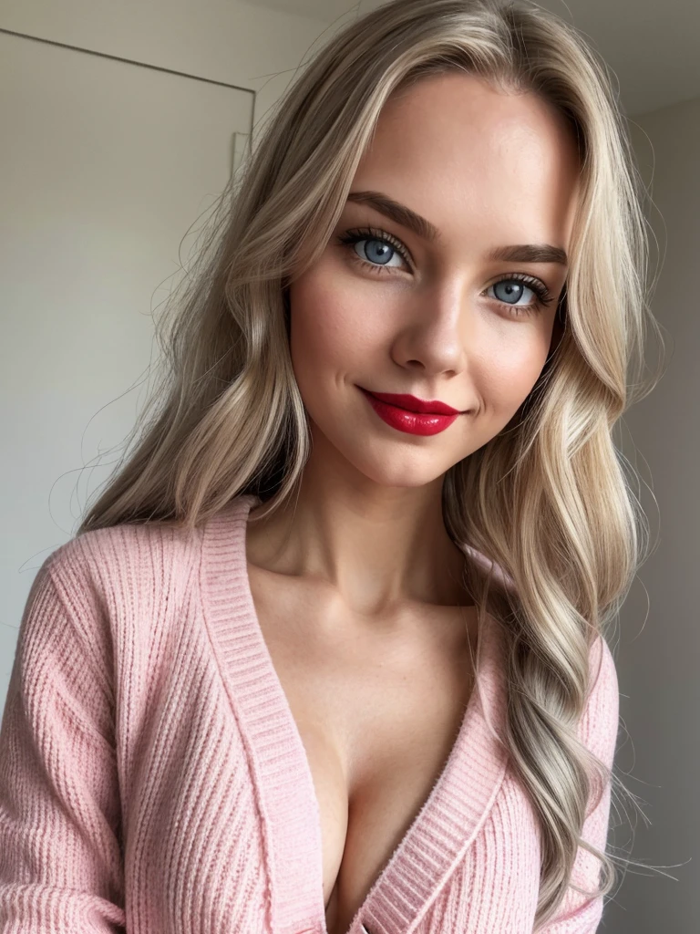 (best quality), 1girl, Female, white skin, long hair, blonde hair, loose hair, wavy hair, grey eyes, perfect eyes, red lipstick, pink cardigan, smug, smirk, normal bust, beautiful, masterpiece, anatomically correct, highres