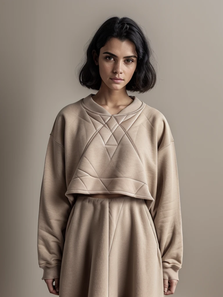 Best quality, masterpiece, ultra high res, (photorealistic:1.5), raw photo, 1 mature Ancient Egyptian girl, (((beige cropped oversized sweatshirt))), wide shoulders, in the dark, deep shadow, low key, cold light, sexy look, black Cleopatra's hair (((black hair))), bright eyes, yin sanpaku eyes, eyeshadow, (((plain white background))), cinematic studio lighting