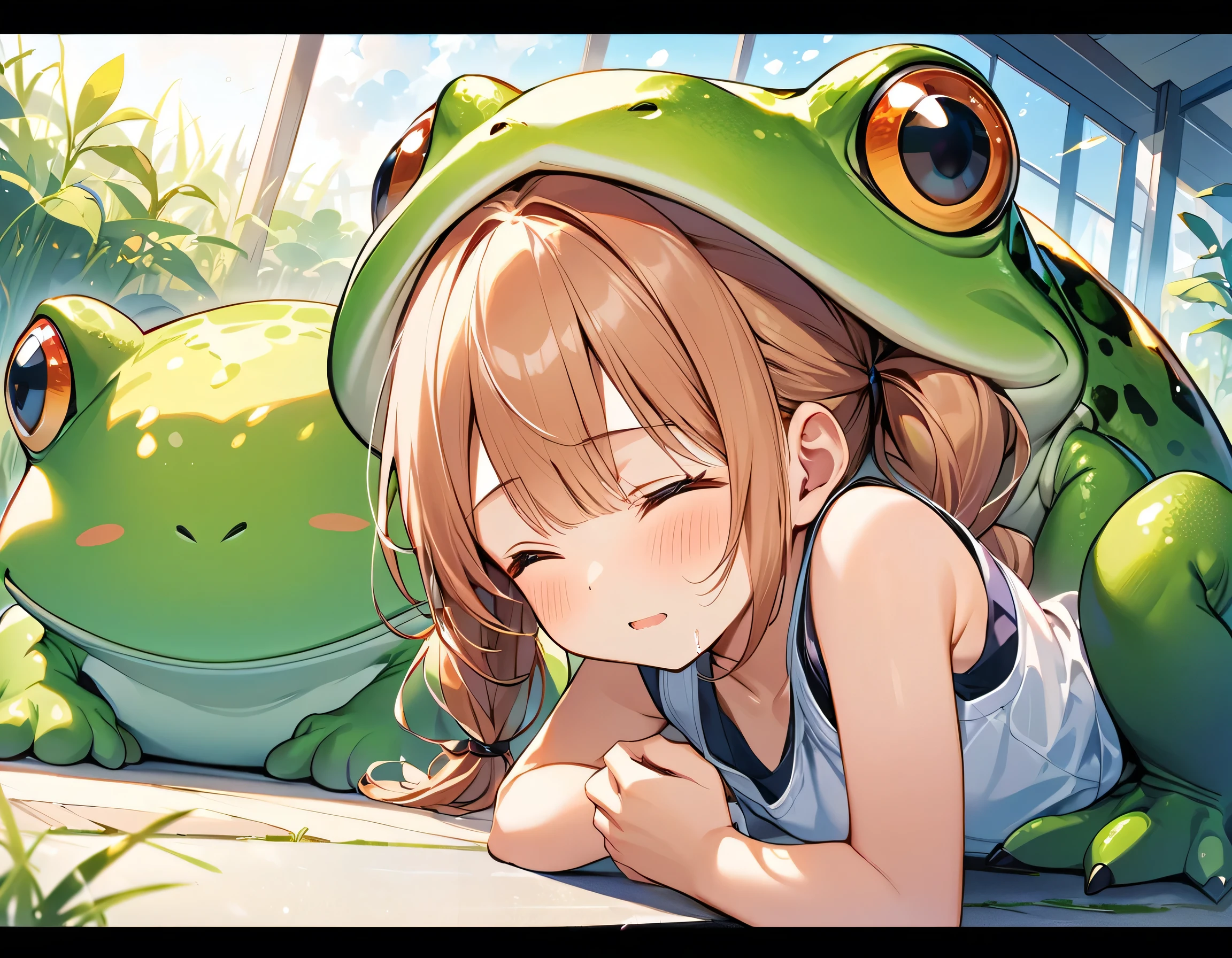 Highest quality、High resolution、Detailed Background、Beautiful face in every detail、Anatomically correct、Detailed facial expressions、fine grain、((full body, from below, side view)), ((One Girl))、Chibi Girl、Cute hair color、Braided twin tails、Elementary school, (Tank top、Ｖneck、mini skirt、Cute Shoes)、break　grassland、((Lying face down、Rest your chin on your hands and bend your knees))、A giant frog in front of me、Gazing at a frog、Touching with trepidation、I have a lot of tears in my eyes、An expression that looks like it's about to cry、Close up hands、