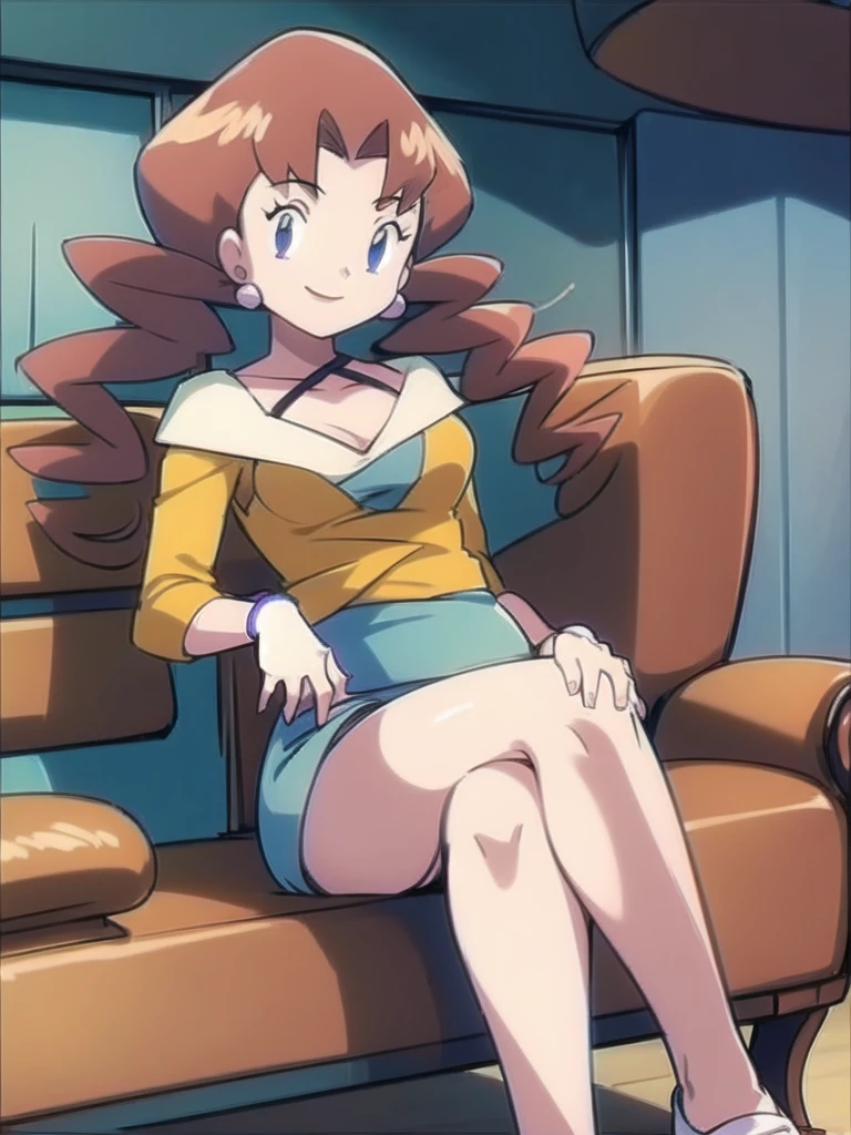 1girl, solo, sitting, smile,looking_down, smile,crossed_legs, masterpiece, high quality, best quality, Caroline_(pokemon)