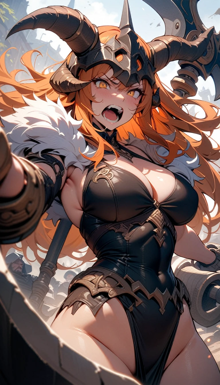 ((best quality)) , ((masterpiece)) , (detailed),axe, 1girl, female focus, solo, horns, weapon, beard, horned helmet, helmet, holding, fake horns, long hair, facial hair, holding axe, open mouth, fur trim, orange hair, manly, , teeth, holding weapon