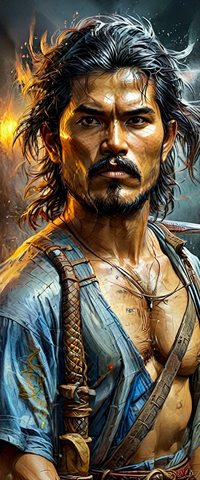 general shot, ((best quality)), ((Masterpiece)),((ung Juramentado: 1.5, typical Filipino Juramentado clothing, sword and knives in his hands, VERY DETAILED: 1.5)), (body and face highly detailed: 1.3), 3D, beautiful at night:1.4)), night image, at night, 32K, extremely detailed face, intricate details, extremely detailed eyes, highly detailed eyes, anatomically correct eyes, 32K resolution, realistic wet skin , extremely intricate details, epic realistic, anatomically correct face, ultra high definition, hdr, natural skin textures, hyperrealism, realistic skin texture, hyper detailed, extreme realism, ultra detailed, logically correct, iridescent eyes.