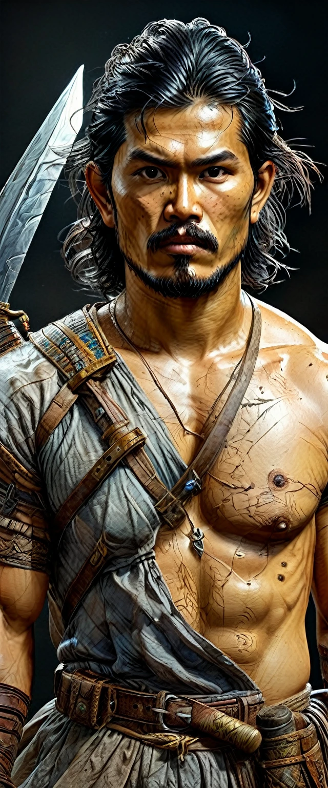 general shot, ((best quality)), ((Masterpiece)),((1 young Juramentado: 1.5, typical Filipino Juramentado clothing, sword and knives in his hands, VERY DETAILED: 1.5)), (body and face highly detailed: 1.3), 3D, beautiful at night:1.4)), night image, at night, 32K, extremely detailed face, intricate details, extremely detailed eyes, highly detailed eyes, anatomically correct eyes, 32K resolution, realistic wet skin , extremely intricate details, epic realistic, anatomically correct face, ultra high definition, hdr, natural skin textures, hyperrealism, realistic skin texture, hyper detailed, extreme realism, ultra detailed, logically correct, iridescent eyes.