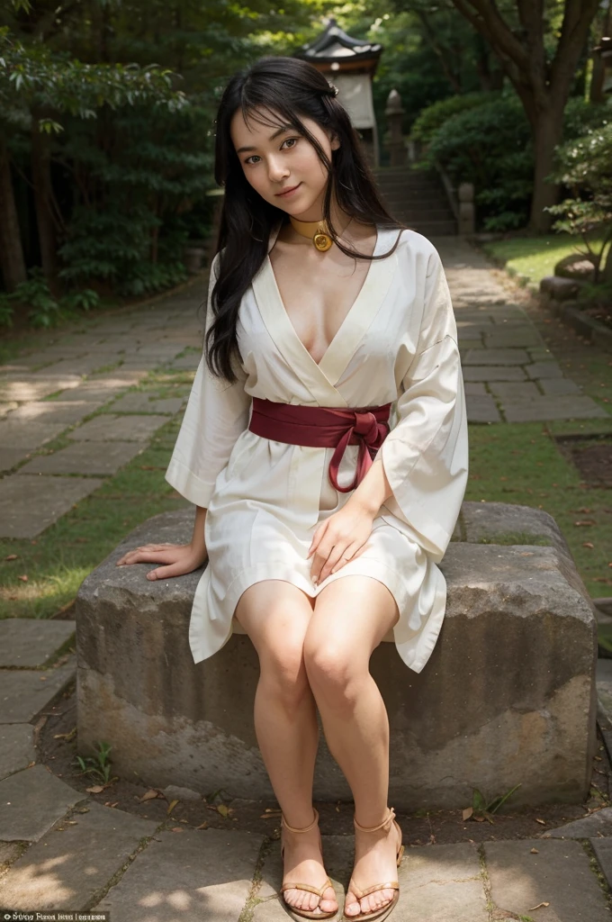A beautiful shrine maiden in an elegant kimono stands gracefully on a sacred hill in the forest, A gold collar around his neck、Her chest is exposed and beautiful.。The feet are wearing sandals.。A kimono with a waist-length slit and knee-length。The colors are a perfect combination of red and white, which are symbols of purity.. Her jet black hair flowed long, well maintained、Shining in the sunlight. Her deep, His bright dark eyes radiated calm and wisdom., As if it holds an ancient tale from the past.. Her smooth, symmetrical face has the soft, calm Japanese look.、It is decorated with a gentle smile that gives an aura of peace to the viewer.。.
