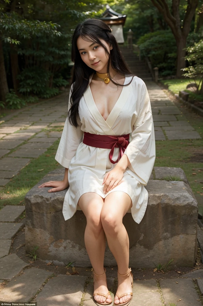 A beautiful shrine maiden in an elegant kimono stands gracefully on a sacred hill in the forest, A gold collar around his neck、Her chest is exposed and beautiful.。The feet are wearing sandals.。A kimono with a waist-length slit and knee-length。The colors are a perfect combination of red and white, which are symbols of purity.. Her jet black hair flowed long, well maintained、Shining in the sunlight. Her deep, His bright dark eyes radiated calm and wisdom., As if it holds an ancient tale from the past.. Her smooth, symmetrical face has the soft, calm Japanese look.、It is decorated with a gentle smile that gives an aura of peace to the viewer.。.