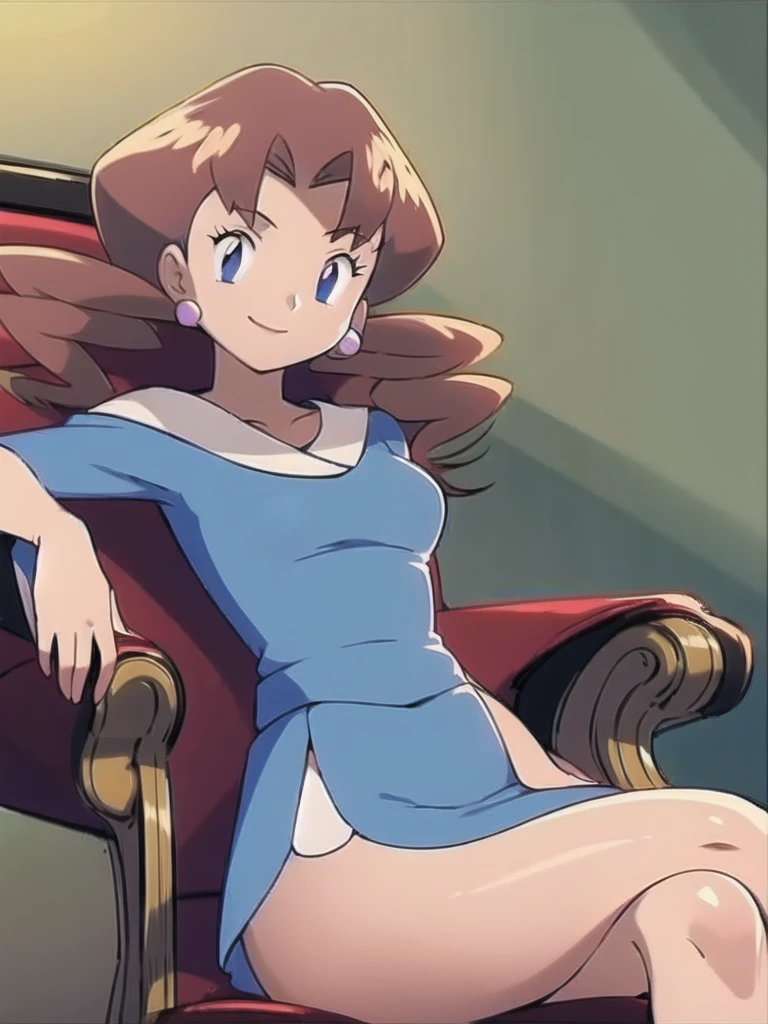 1girl, solo, sitting, smile,looking_down, smile,crossed_legs, masterpiece, high quality, best quality, Caroline_(pokemon)