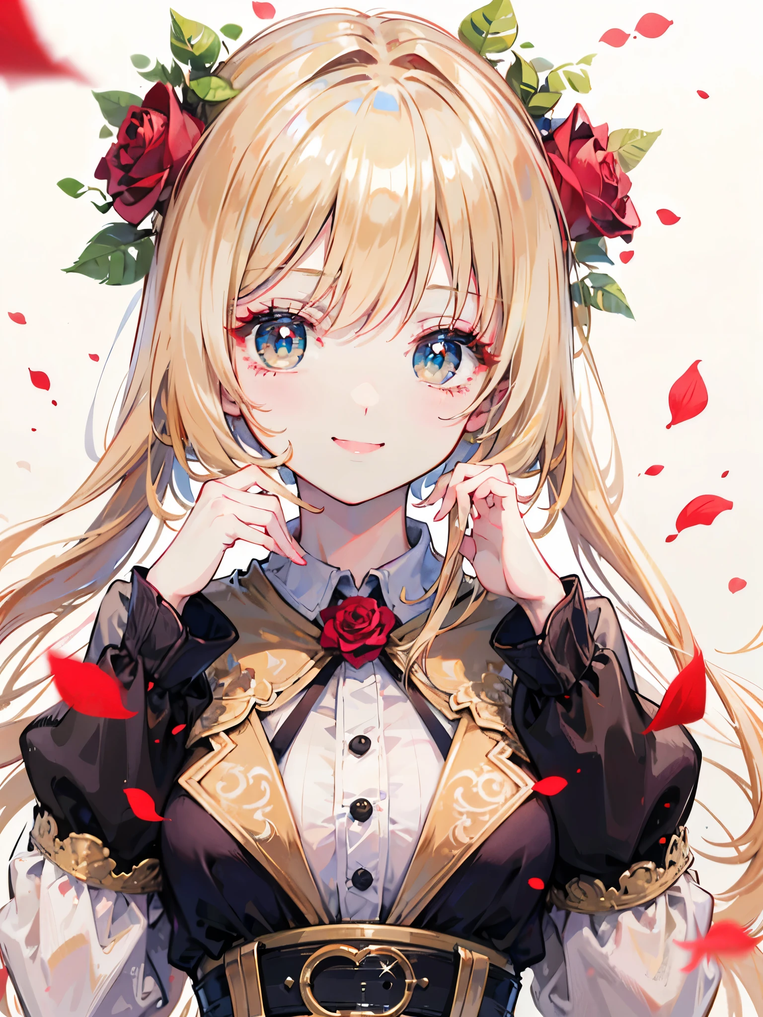 Beige hair and beautiful eyes、 long hair、Shiny Hair、high quality、Rose petals fluttering Background、White Background、Rose、smile