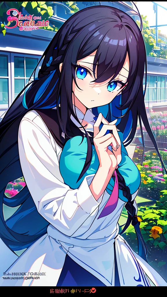 best quality, extremely detailed,anime style girl,long hair down to the waist, straight hair, ((dark black hair with bluish)),braid,beautiful detailed eyes, pinched eyes, (dark blue eyes),huge breasts,curvy,((((white main brightly colored princess school uniform)))),clothing with complex patterns,cool expression,((((school garden)))),((Diagonal angle))