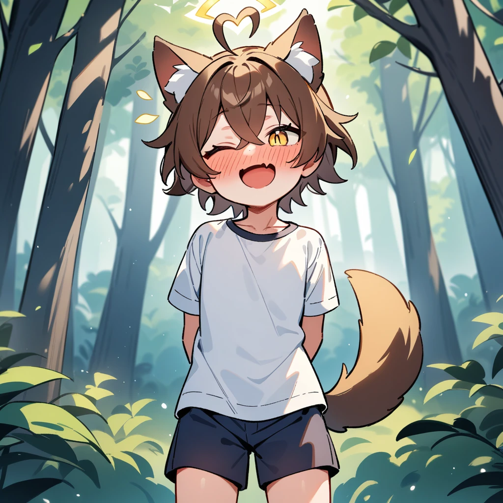 （masterpiece：1.2，high quality），4K，High resolution，A -year-boy，c boy， brown hair，short hair，crossed bangs，yellow eyes，slit pupils，one eye closed，heart ahoge，yellow halo，cat ears，full-face blush，laughing，skin fang，Wearing a white shirt，dark blue shorts，Stand in the forest，There are flowering trees on both sides.，primary scho，dog tail，((Hands behind your back))