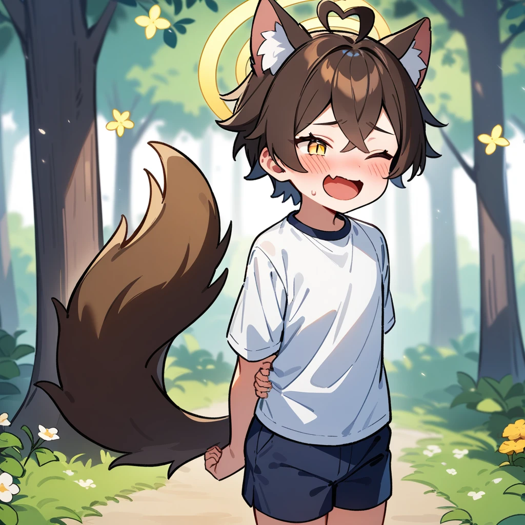 （masterpiece：1.2，high quality），4K，High resolution，A seven-year-old boy，cute boy， brown hair，short hair，crossed bangs，yellow eyes，slit pupils，one eye closed，heart ahoge，yellow halo，cat ears，full-face blush，laughing，skin fang，Wearing a white shirt，dark blue shorts，Stand in the forest，There are flowering trees on both sides.，primary school student，thigh，alone，dog tail，((Hands behind your back))