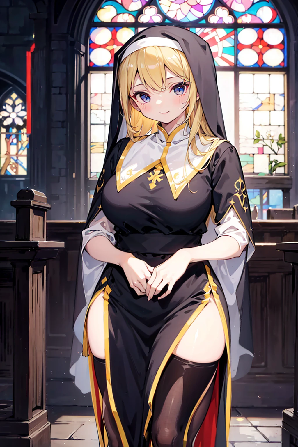 nun，nun服，黑白nun服，Colored hair，nun头巾，Big breasts，Full of figure，Close-up above the waist，Upper body close-up，Church Background，Stained window glass，Mosaic art background，nun，高开叉nun长袍，Robe hem，The front of the robe，The front of the robe hangs down，Knee socks，Knee socks，Knee socks，黑色过膝Silk socks，Silk socks，情趣nun服，High slit robe，Silk socks，Knee socks，Prayer posture，Leg ring，sock，Prayer posture，Robe hem，Long hem，Flesh，Long skirt，Long skirt，Long skirt，Long front robe，Front of robe，Long blond hair，blond，cute，gentle，Smile，慈爱的Smile，Wide crotch，Wide crotch，Thin waist
