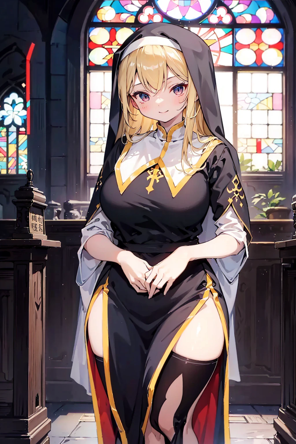 nun,nun服,黑白nun服,Colored hair,nun头巾,Big breasts,Full of figure,Close-up above the waist,Upper body close-up,Church Background,Stained window glass,Mosaic art background,nun,高开叉nun长袍,Robe hem,The front of the robe,The front of the robe hangs down,Knee socks,Knee socks,Knee socks,黑色过膝Silk socks,Silk socks,情趣nun服,High slit robe,Silk socks,Knee socks,Prayer posture,Leg ring,sock,Prayer posture,Robe hem,Long hem,Flesh,Long skirt,Long skirt,Long skirt,Long front robe,Front of robe,Long blond hair,blond,cute,gentle,Smile,慈爱的Smile,Wide crotch,Wide crotch,Thin waist